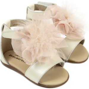 Δερμάτινο Πέδιλο Διακοσμημένο με Πον Πον PRI2599 Εκρου Ροζ